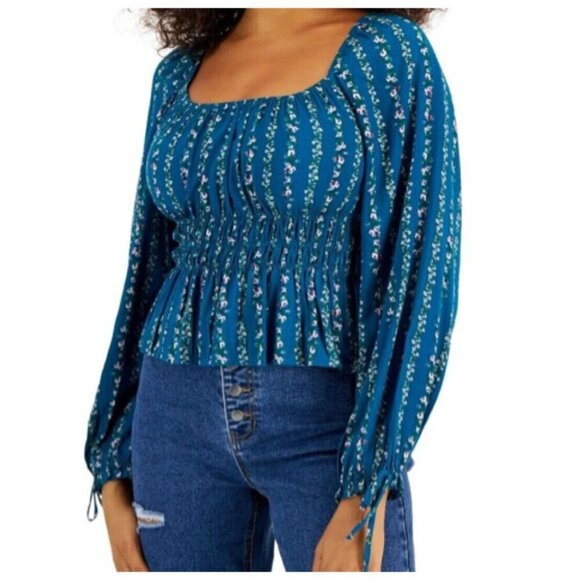 Kingston Grey Emma JUNIOR Smocked Waist Floral Cropped Top Medium Teal Blue Rayo - Picture 2 of 11